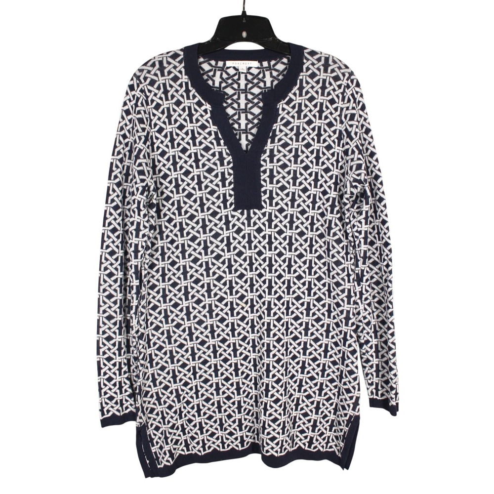 FOXCROFT Navy/White BASKETWEAVE PRINT V-Neck Sweater LATTICE Tunic Top M